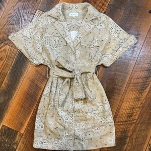 MABLE Tan Paisley Belted Shirt Dress Short Sleeve Button Front Small